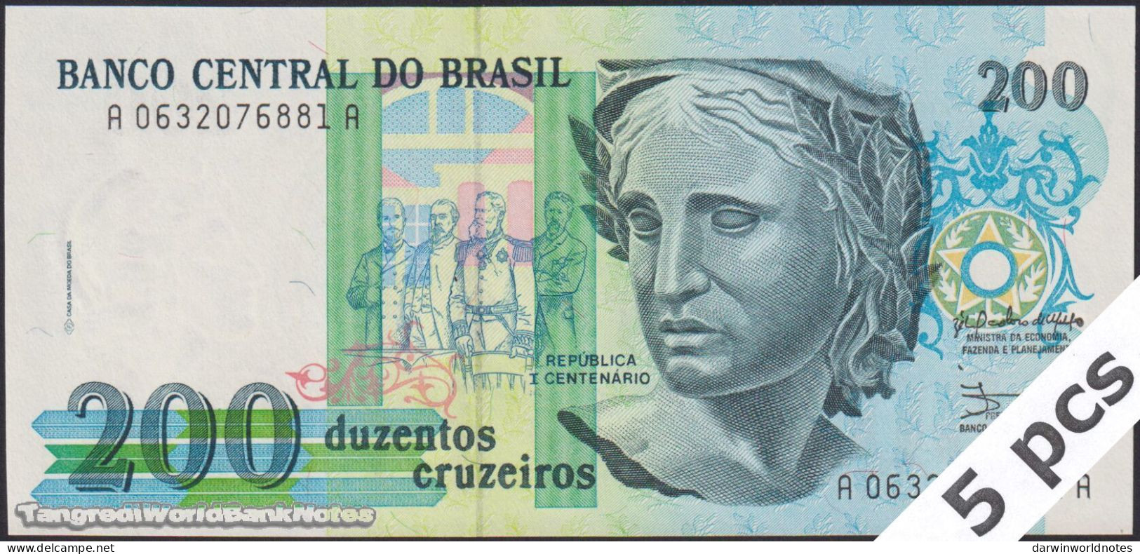 DWN - BRAZIL P.229 - 200 Cruzeiros ND (1990-1991) UNC Various Prefixes DEALERS LOT X 5 - Brésil