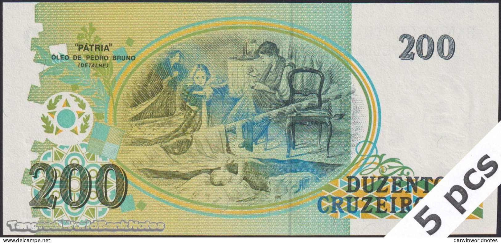 DWN - BRAZIL P.229 - 200 Cruzeiros ND (1990-1991) UNC Various Prefixes DEALERS LOT X 5 - Brésil