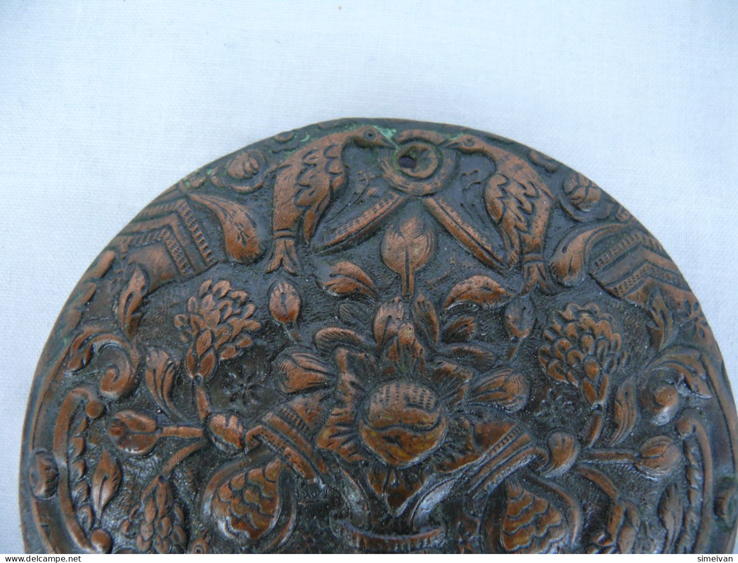 Ancient Old Hand Made Copper Appliqué Piece Of Art Flowers And Birds #1413 - Kupfer