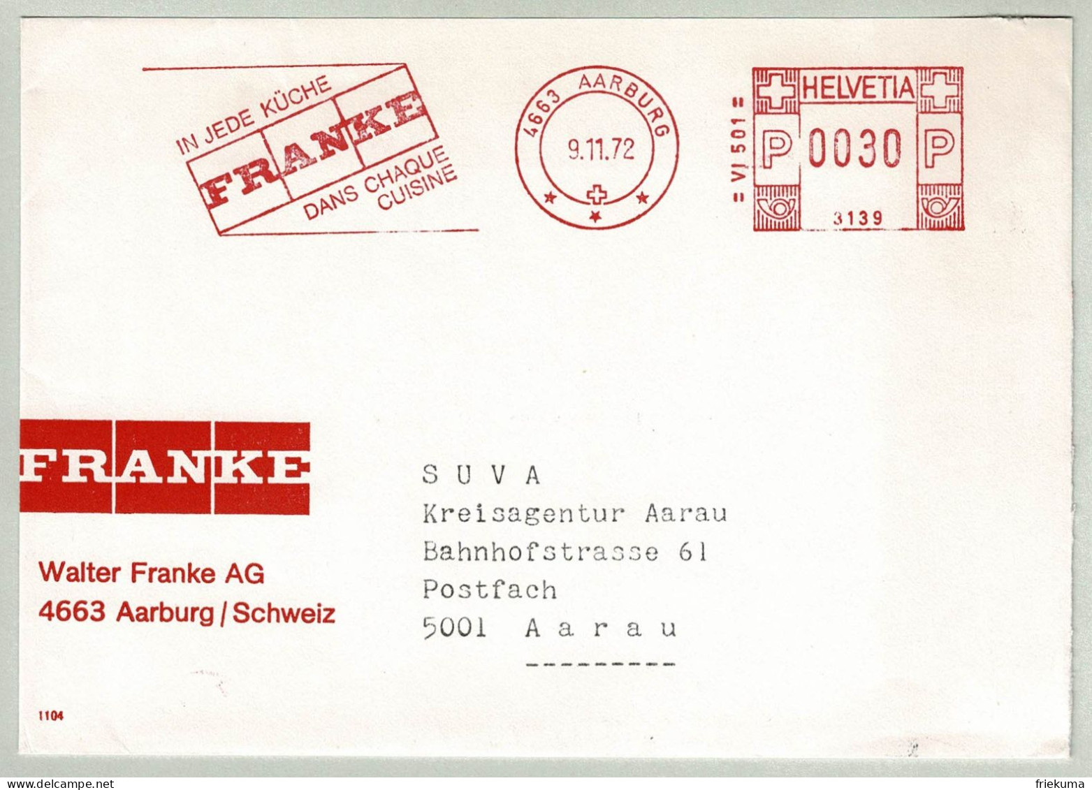 Schweiz / Helvetia 1972, Brief Freistempel / EMA / Meterstamp Franke Aarburg - Aarau, Küchen / Cuisines / Kitchen - Usines & Industries