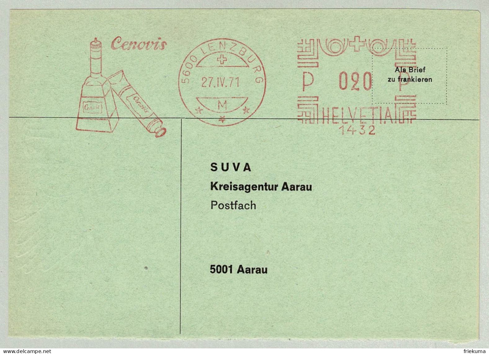 Schweiz / Helvetia 1971, Briefausschnitt Freistempel / EMA / Meterstamp Cenovis Lenzburg - Aarau, Brotaufstrich - Alimentation
