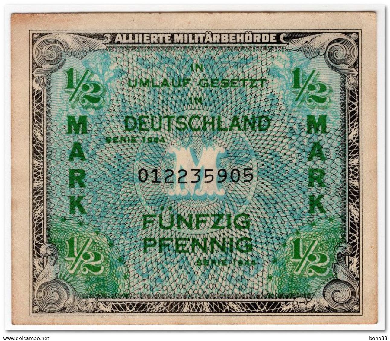 GERMANY,ALLIED OCCUPATION BANKNOTE ,1/2 MARK,1944,P.191,XF - 1/2 Mark