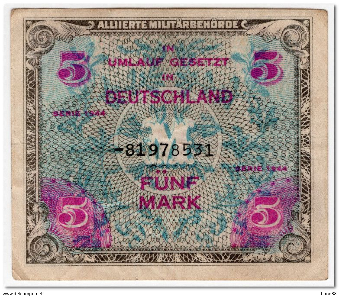 GERMANY,MILITARY CURRENCY,5 MARK,1944,P.193,VF - 1/2 Mark