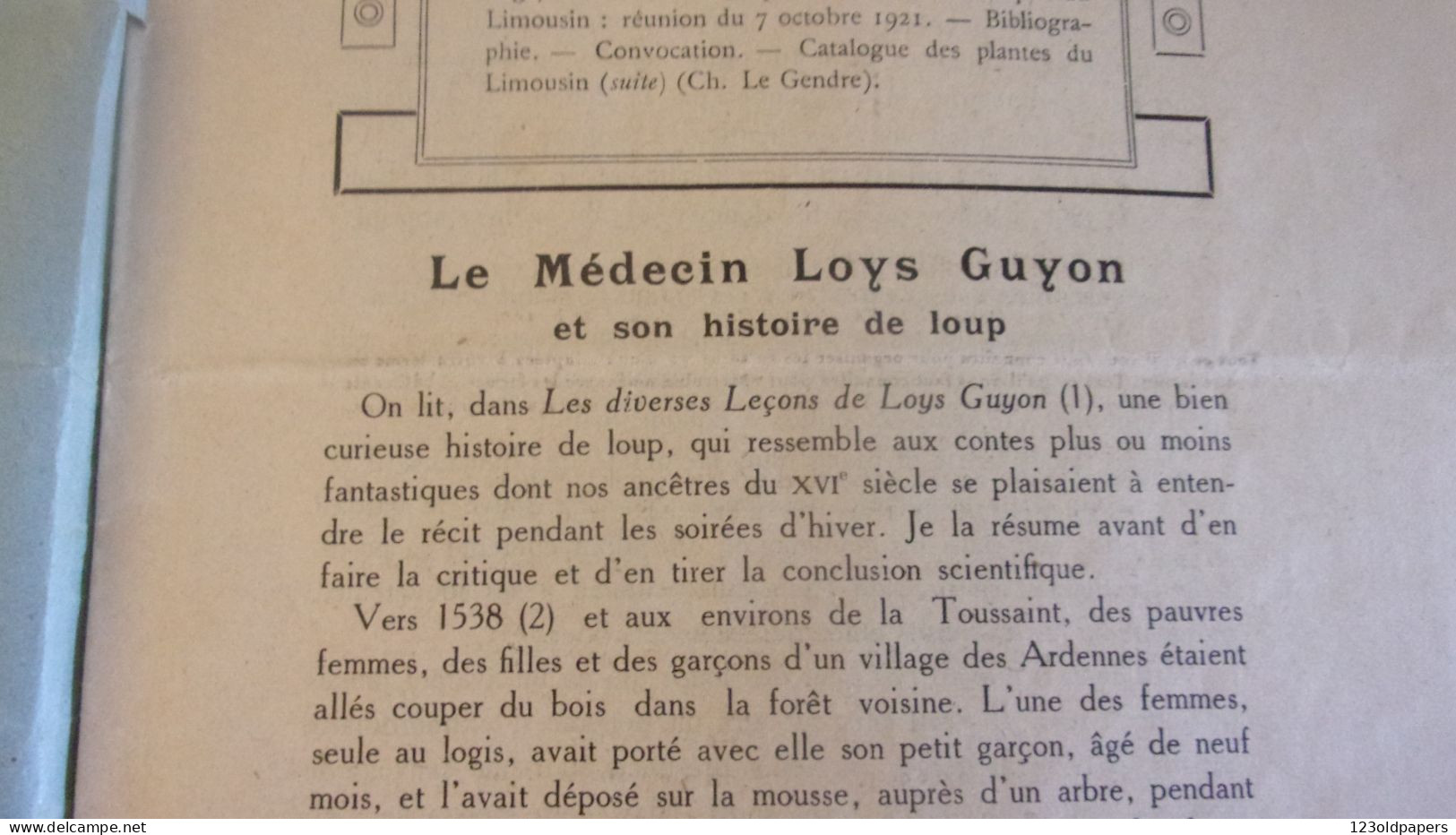 LIMOUSIN 1921 REVUE SCIENTIFIQUE  LOYS GUYON HISTOIRE DE LOUP NE A DOLE FIXE A UZERCHE CHATEAU NAUCHE VIGEOIS CORREZE - Limousin