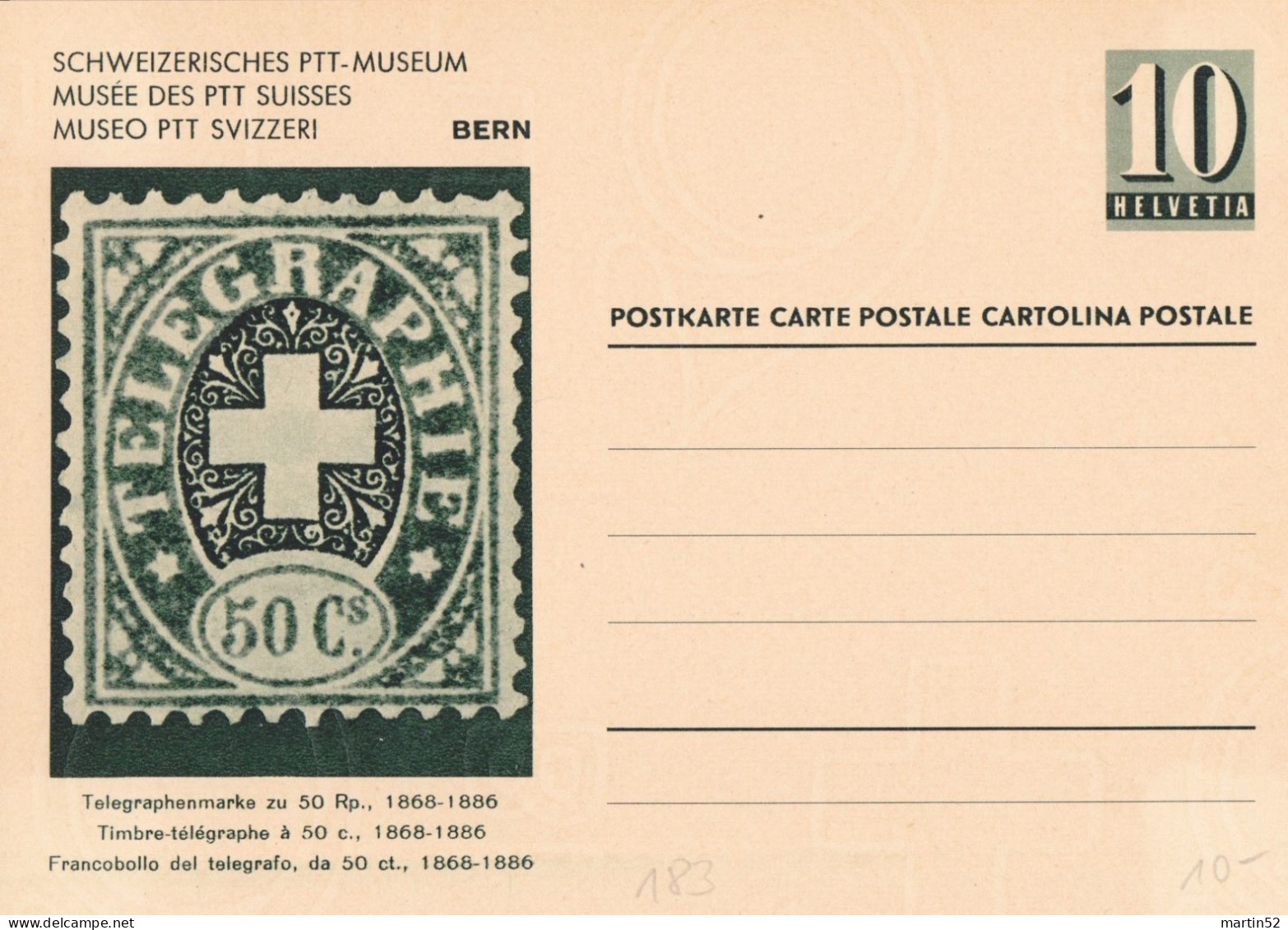 Schweiz Suisse 1950: Bild-PK POSTMUSEUM CPI MUSÉE POSTALE Zumstein-N° 183 A TELEGRAPHIE 1868 Ungelaufen / Non Circulé - Télégraphe