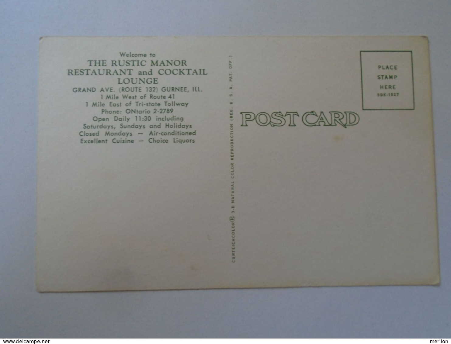 D197429  US   The Rustic Manor Restaurant And Cocktail Lounge - Grand Ave. Route 132 Gurnee ILL Ca 1960 - Andere & Zonder Classificatie