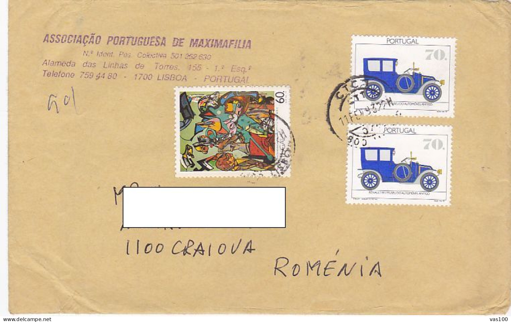 PAINTINGS, RENAULT 1911 CAR, STAMPS ON COVER, 1993, PORTUGAL - Lettres & Documents