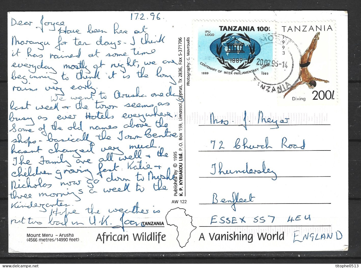 TANZANIE. N°1518 De 1994 Sur Carte Postale écrite. Plongeon. - Tuffi