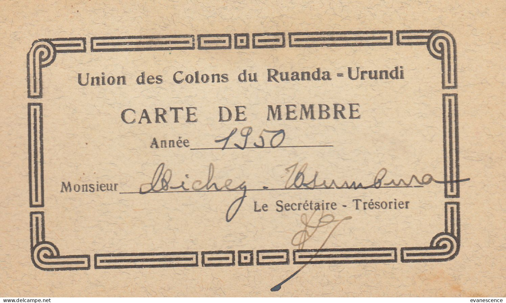 Ruanda-Urundi : Carte De Membre Union Des Colons   /// Ref.  Aout 23 // N° 27.082 - Ruanda-Urundi