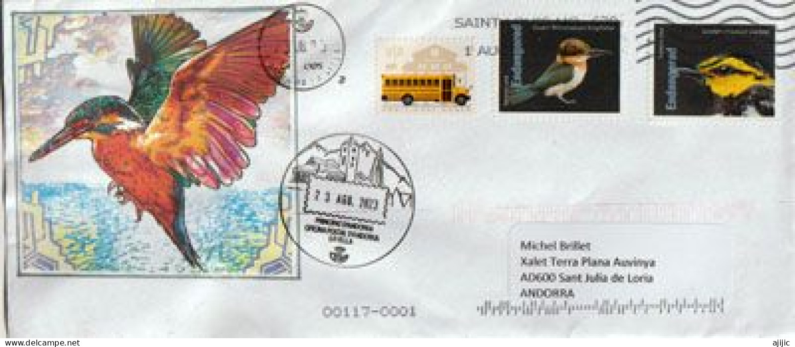 2023.Guam Kingfisher & Golden-cheeked Warbler (Paruline à Joues Dorées) Endangered Species,letter To Andorra (Principat) - Covers & Documents