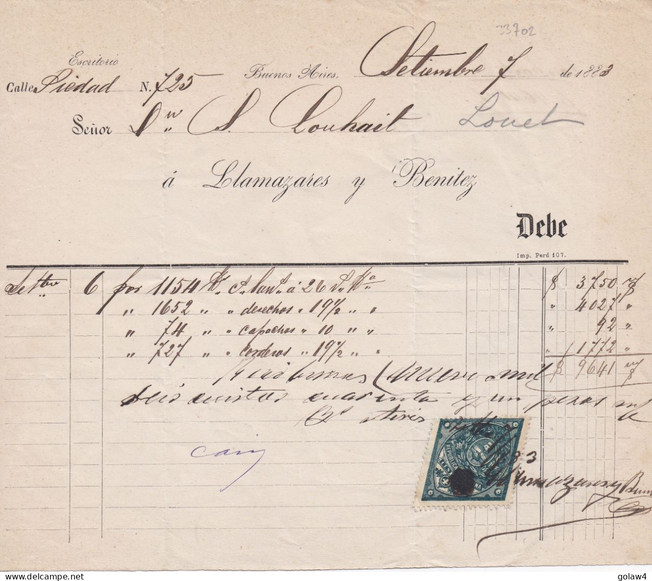 33702# ARGENTINE TIMBRE FISCAL LOSANGE ARGENTINA DOCUMENT BUENOS AIRES 1883 - Briefe U. Dokumente