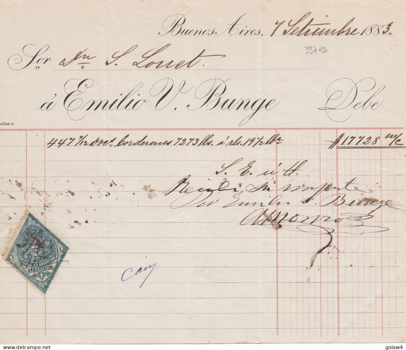 33703# ARGENTINE TIMBRE FISCAL LOSANGE ARGENTINA DOCUMENT BUENOS AIRES 1883 - Brieven En Documenten