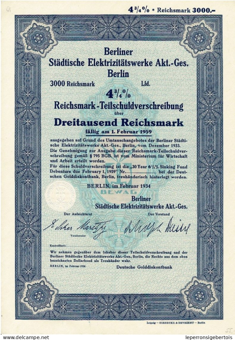 - Obligation De 1934 - Berliner Städtische Elektrizitätswerke - Blanco - Elettricità & Gas