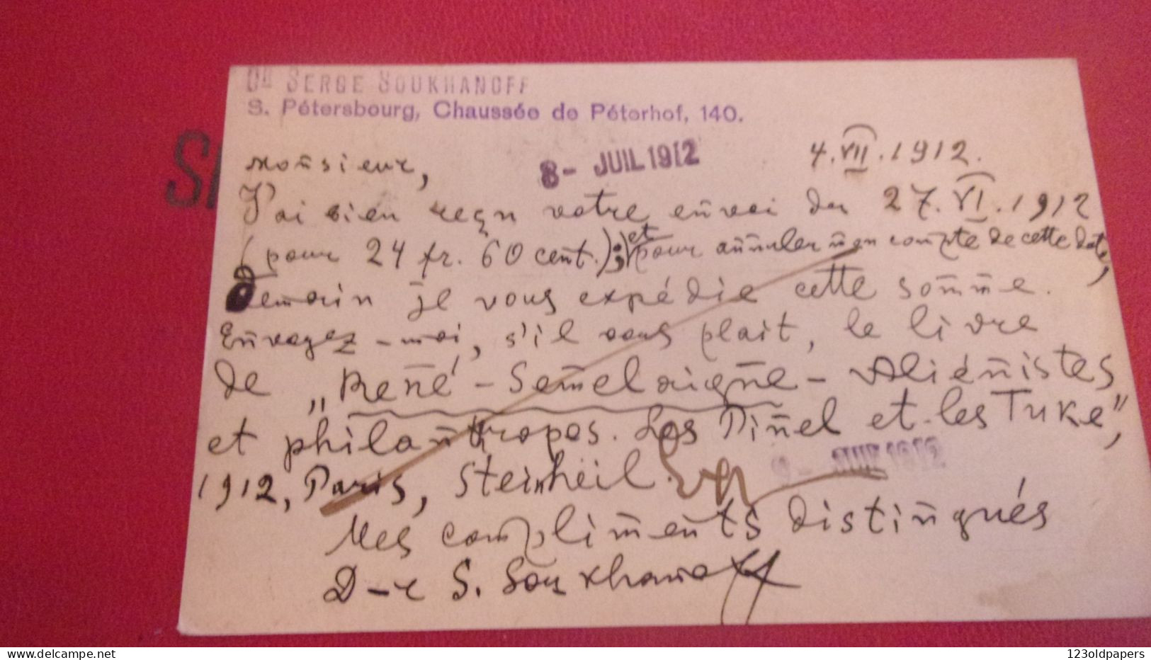 AUTOGRAPHE SUR ENTIER POSTAL DE SERGE SOUKHANOFF MEDECIN PSYCHIATRE ST PETERSBOURG MOCKBA 1912 VERS FRANCE RUSSIE - Russland