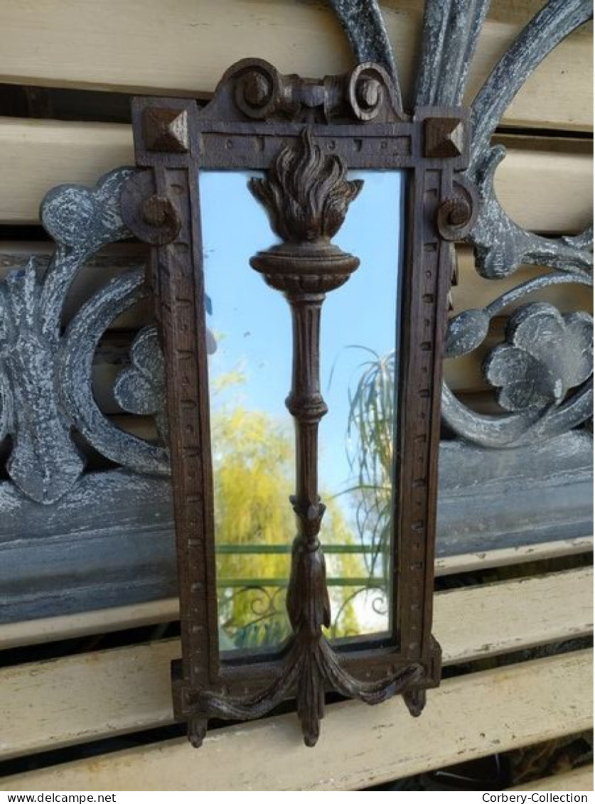 Ancien Miroir Bois Chêne Sculpté XIXème Pot à Feu Style Renaissance