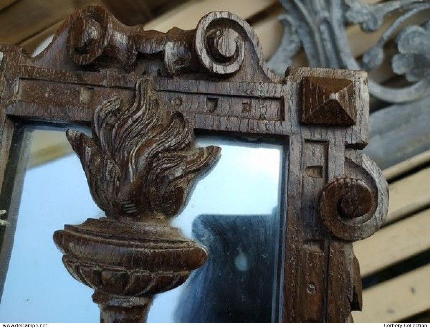 Ancien Miroir Bois Chêne Sculpté XIXème Pot à Feu Style Renaissance