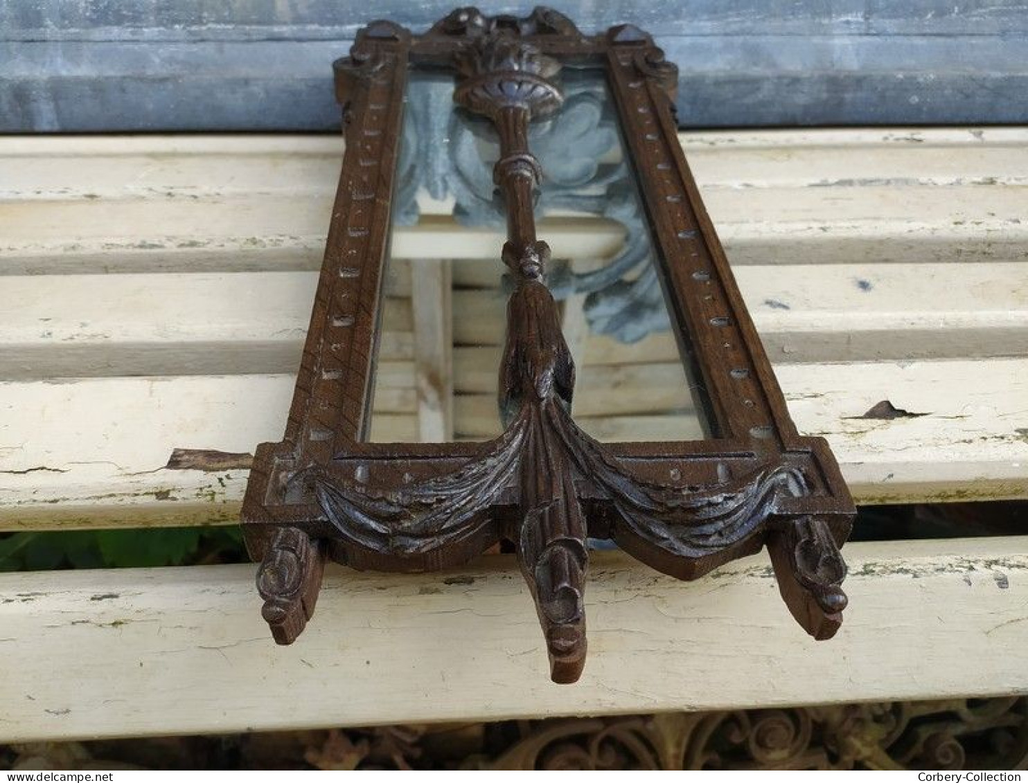 Ancien Miroir Bois Chêne Sculpté XIXème Pot à Feu Style Renaissance