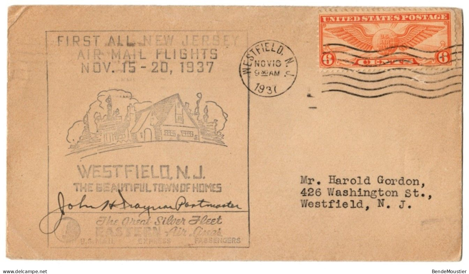 (R113) USA Scott  # C19 -  Air Mail Flights -  New Jersey - Westfield - 6 Cts Winged Globe - 1937. - 1c. 1918-1940 Lettres