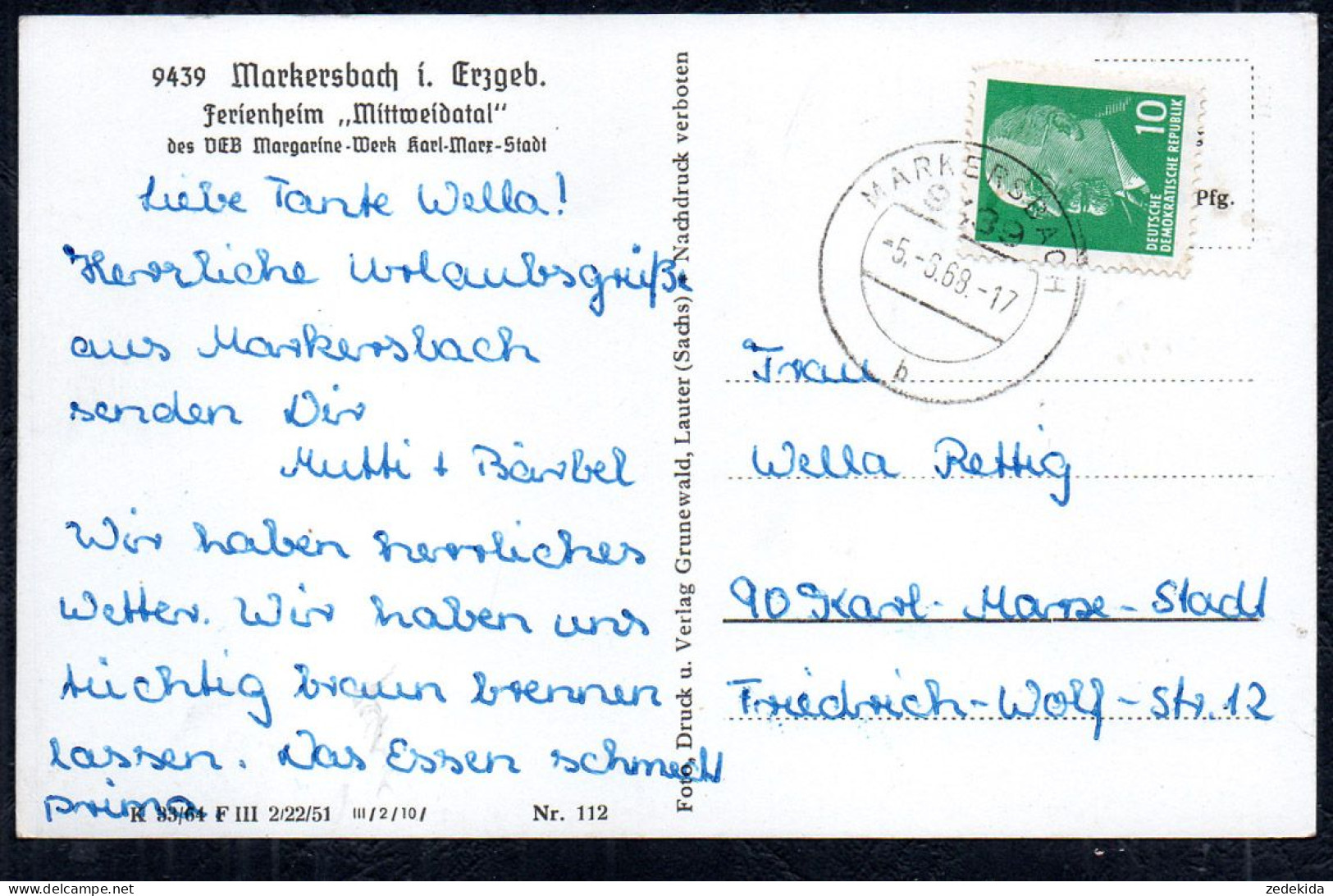 G4377 - Markersbach - Ferienheim Mittweidatal VEB Margarinewerk Karl Mrax Stadt - Verlag Rud. Grunewald - Markersbach