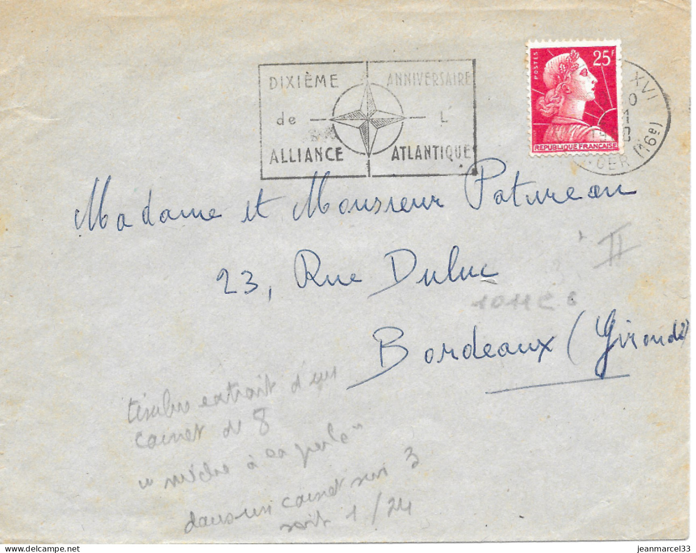 Variété Sur Lettre N° Yvert 1011C B 25f Muller Rouge Type II Carnet De 8 Oblitération Secap =o Paris XVI 12-1 1960 - Storia Postale