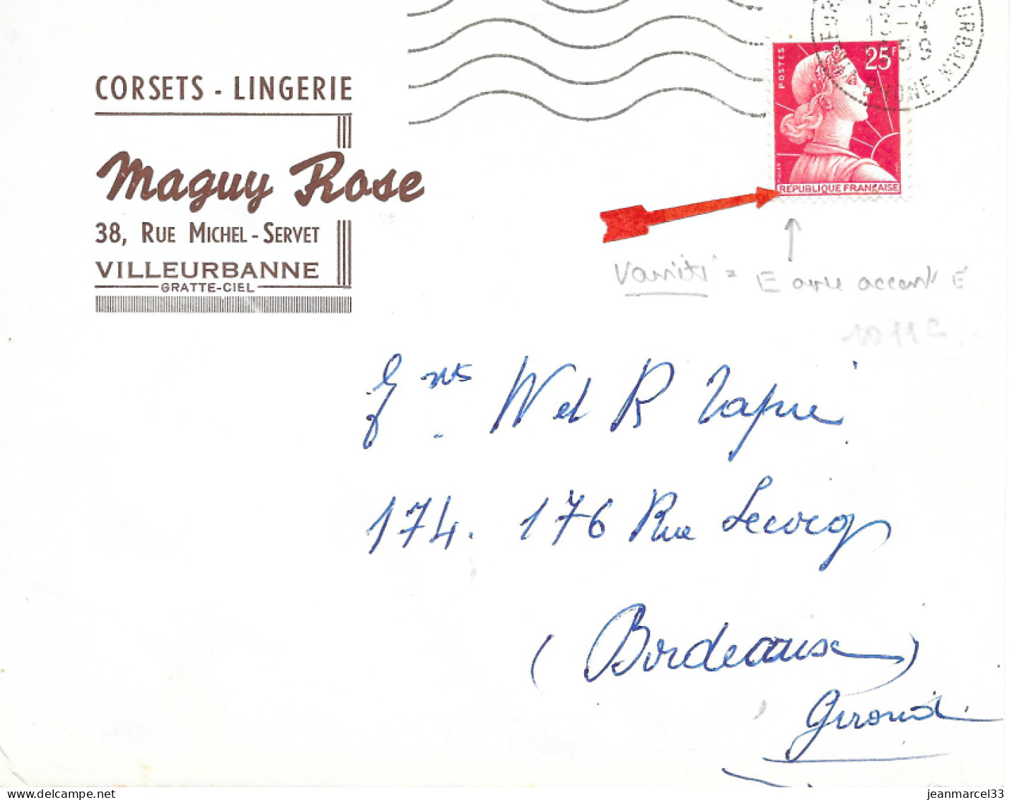 Variété Sur Lettre N° Yvert 1011C  25f Muller Rouge Accent Sur Le E De République Oblitération Secap =o Villeurbanne - Lettres & Documents