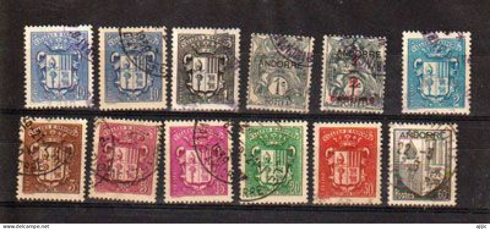 ANDORRE.beau Lot De 12 Timbres Oblitérés Armoiries, Differents,première Qualité, Andorre Français Des Années 1930/1940 - Gebraucht