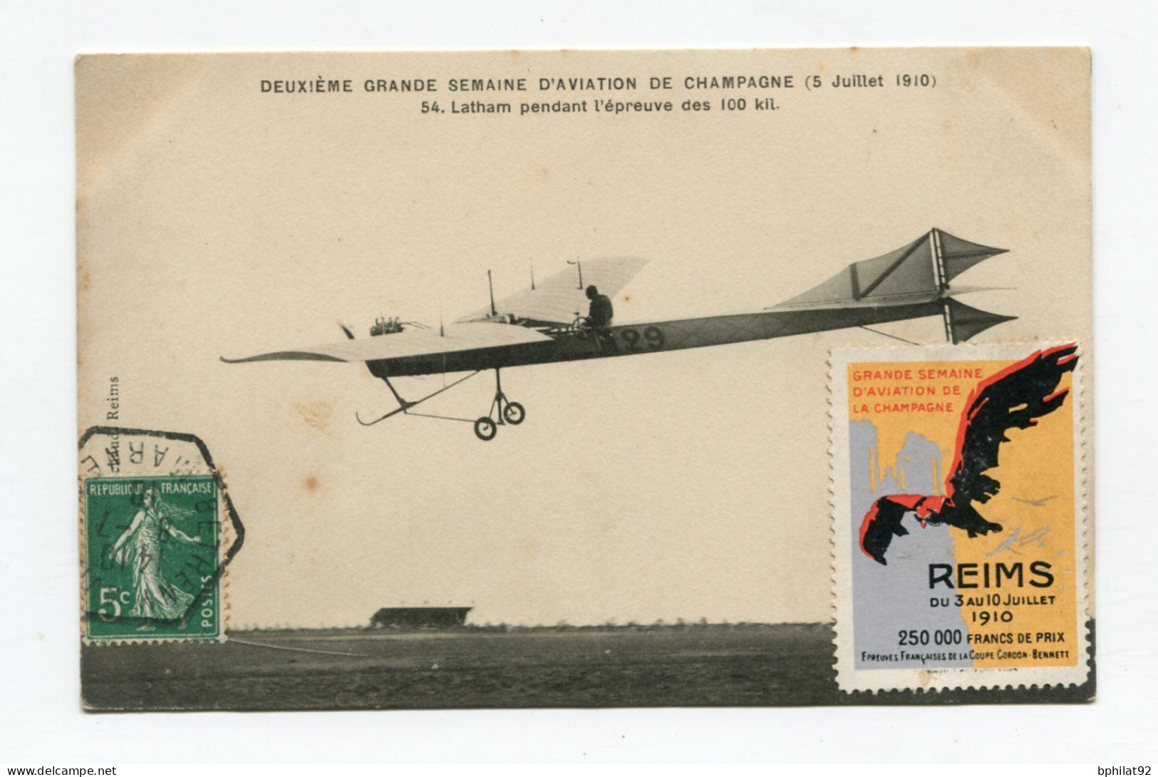 !!! CPA DU MEETING DE REIMS BETHENY DE 1910, CACHET HEXAGONAL SPECIAL ET VIGNETTE - Aviation