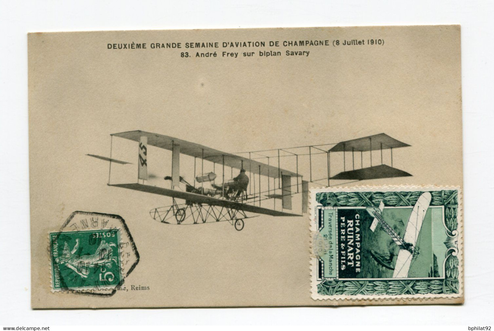 !!! CPA DU MEETING DE REIMS BETHENY DE 1910, CACHET HEXAGONAL SPECIAL ET VIGNETTES - Aviación