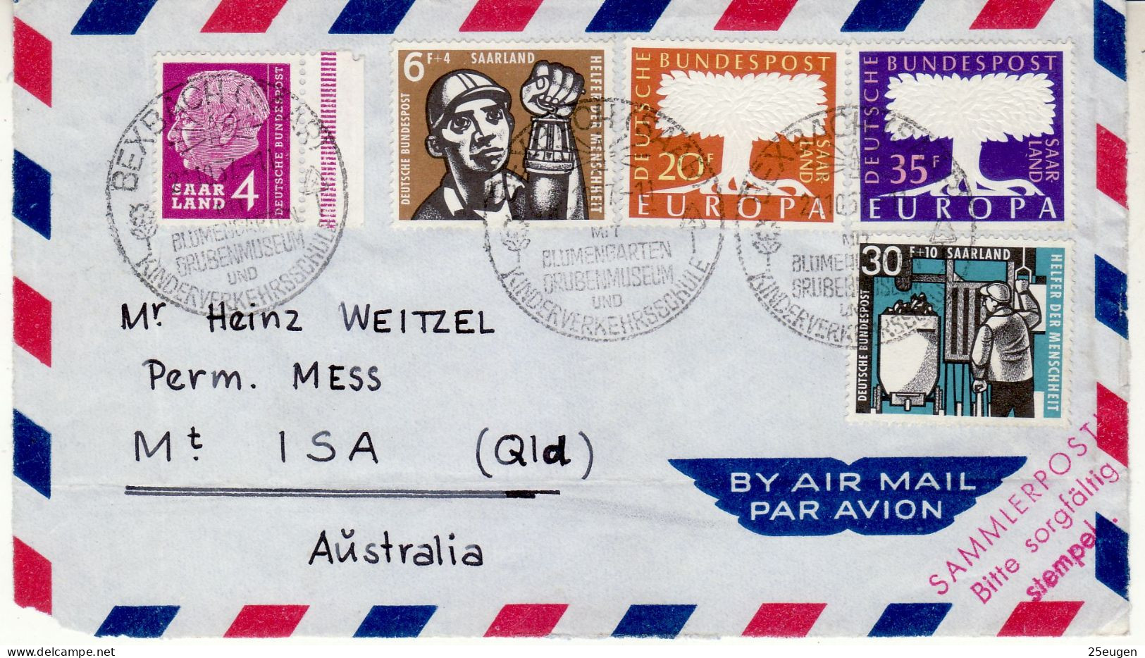 SAAR 1957  LETTER SENT FROM BEXBACH TO Mt.ISA AUSTRALIA /PIECE OF COVER/ - Lettres & Documents