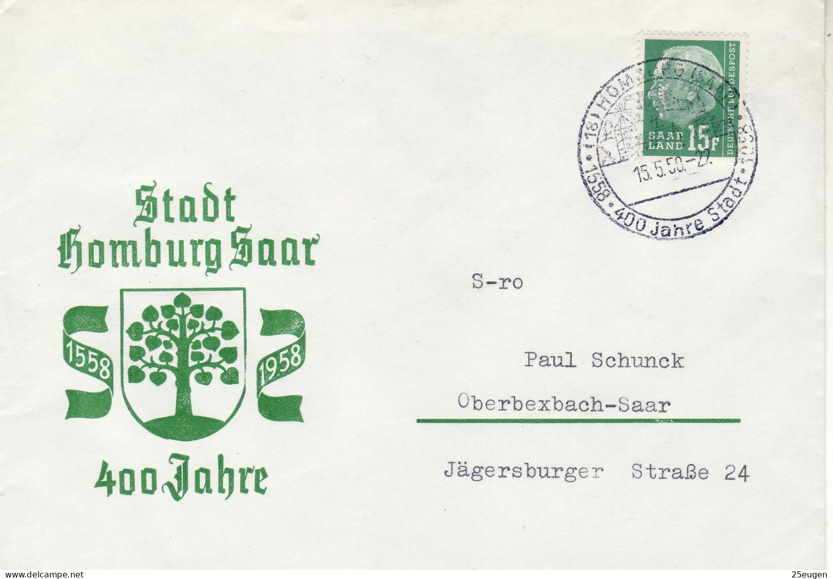 SAAR 1958  LETTER SENT FROM HOMBURG TO OBERBEXBACH - Cartas & Documentos
