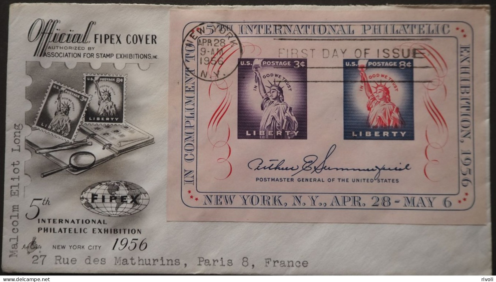 ETATS-UNIS : 1956 - FDC NEW-YORK 5TH INTERNATIONAL PHILATELIC EXHIBITION - 1951-1960