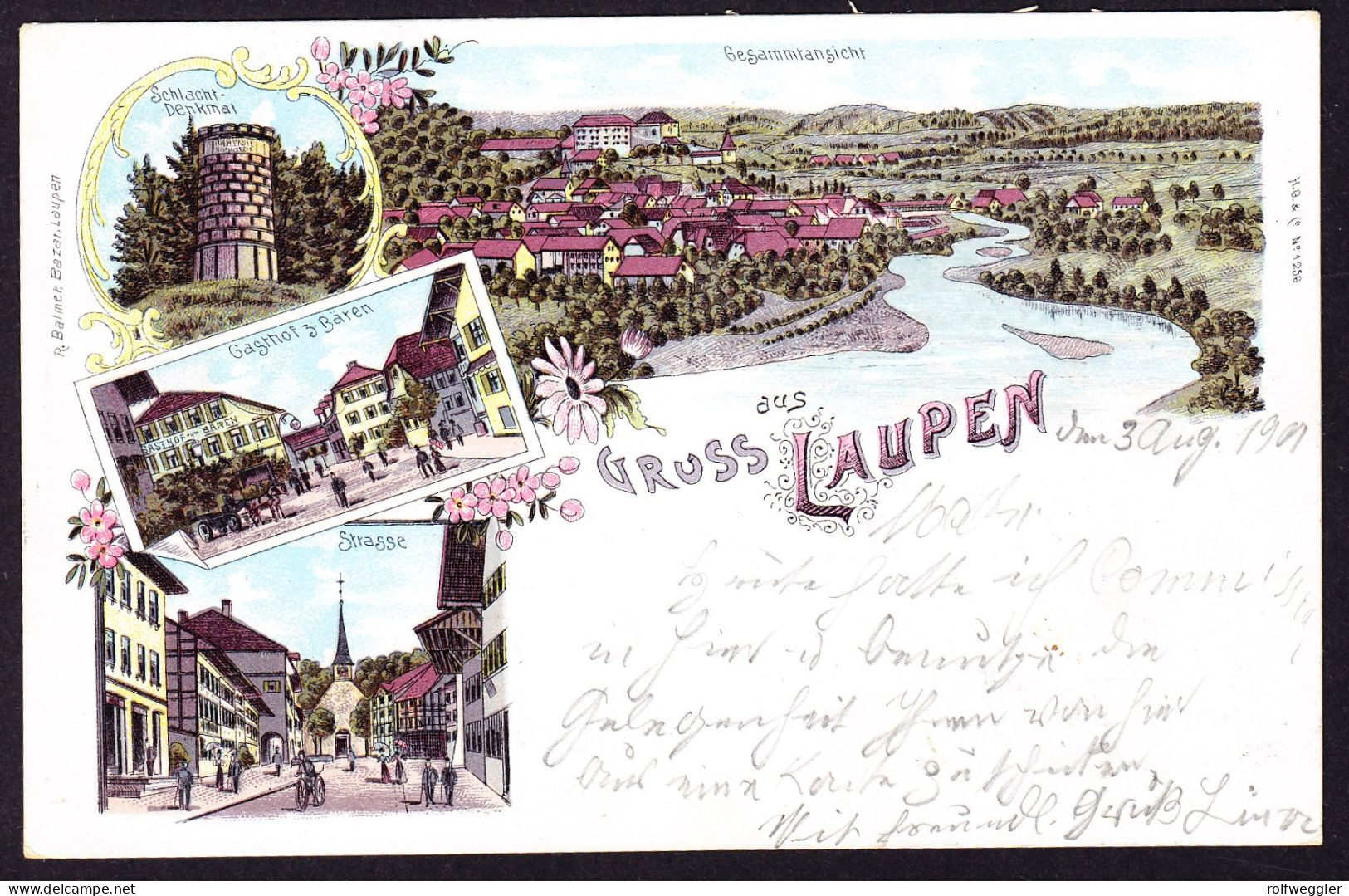 1901 Gelaufene Litho AK: Gruss Aus Laupen, 4 Bildrig. Mit Gasthaus Z. Bären. - Laupen