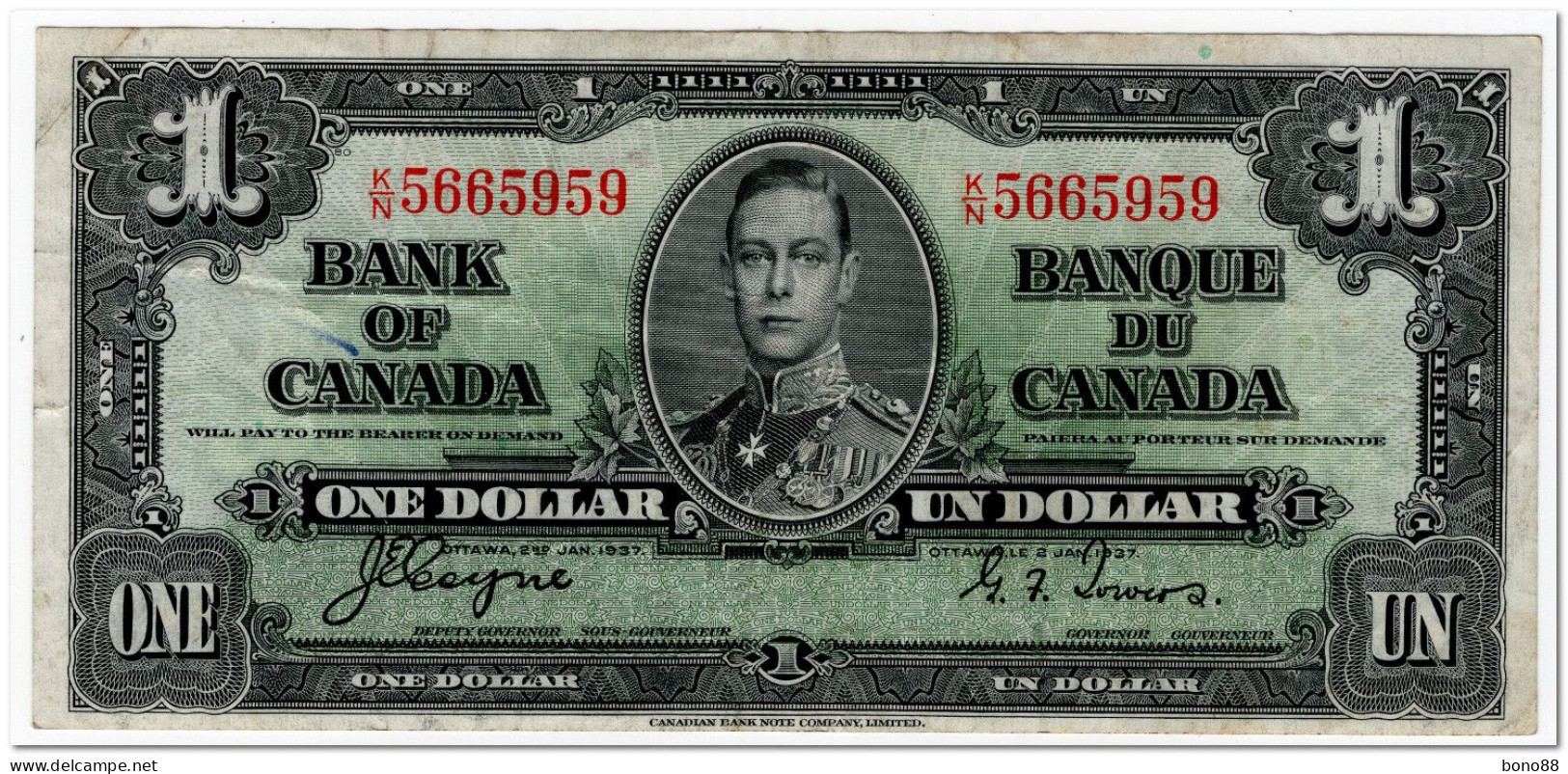 CANADA,1 DOLLAR,1937,P.58e,SMALL INK MARK,aVF - Canada