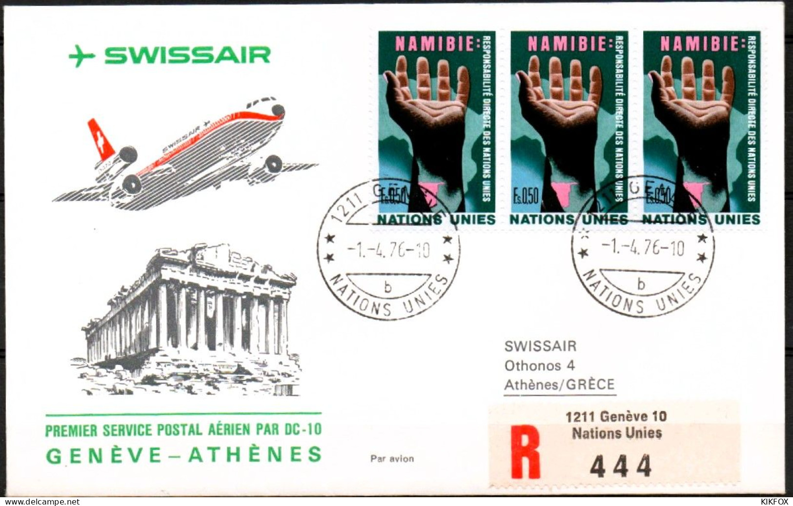 VEREINTE NATIONEN, UNO - GENF 1975, MI 52, NAMIBIE, LETTRE SWISSAIR, FLUGPOST, GESTEMPELT, OBLITERE - Cartas & Documentos