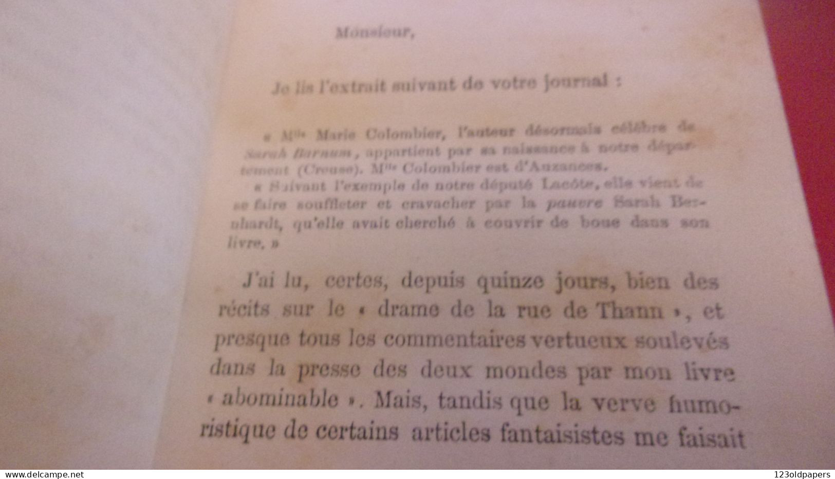 1883 EO CREUSE  Marie Colombier NEE A AUZANCES  Les mémoires de Sarah Barnum ( SARAH bernhardt )