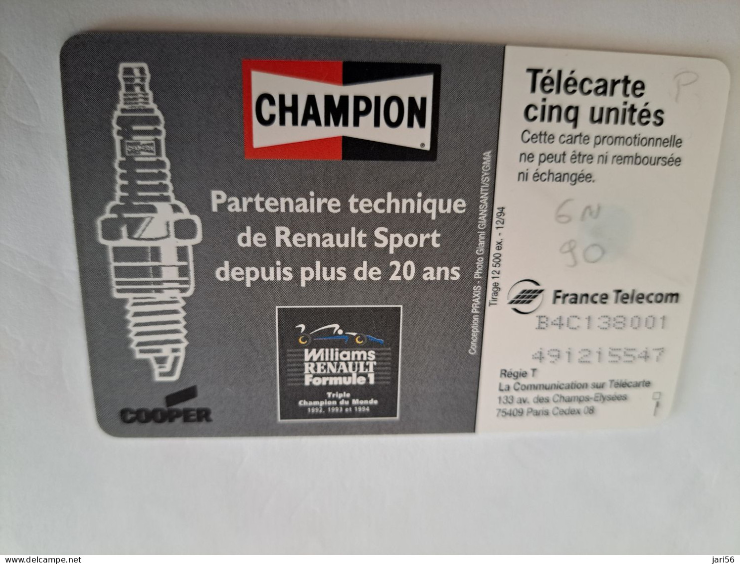 FRANCE/FRANKRIJK   CHIPCARD / PRIVE/ TELECARTE CINQ/ RENAULT/FORMULA 1 / CHAMPION/ 12.500 EX     ** 15023** - Nachladekarten (Handy/SIM)