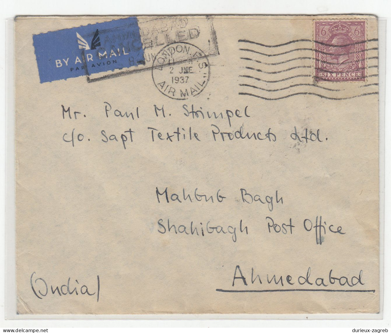 Great Britain Letter Cover Posted 1937 To Shahibag B220820 - Cartas & Documentos