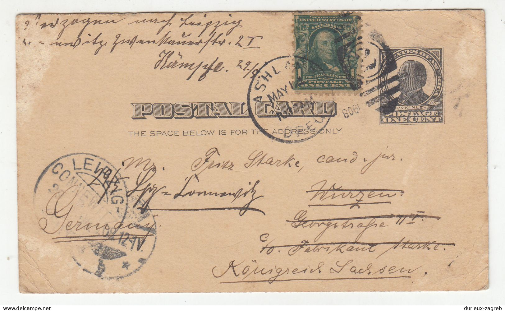 US Postal Stationery Postcard Posted 1908 Ashland To Germany B220820 - 1901-20