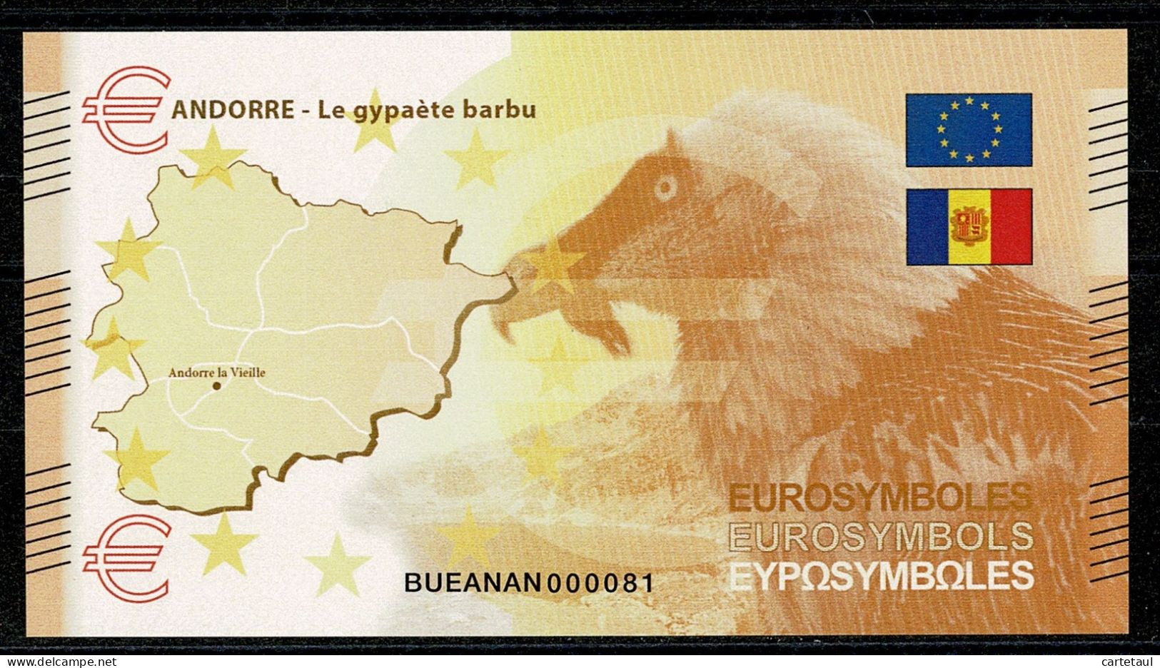 ANDORRA ANDORRE Billet Souvenir € Eurosymboles/Euroland Carte Andorre Thématique Nature Vautour Gypaète Barbu NEUF UNC - Andorre