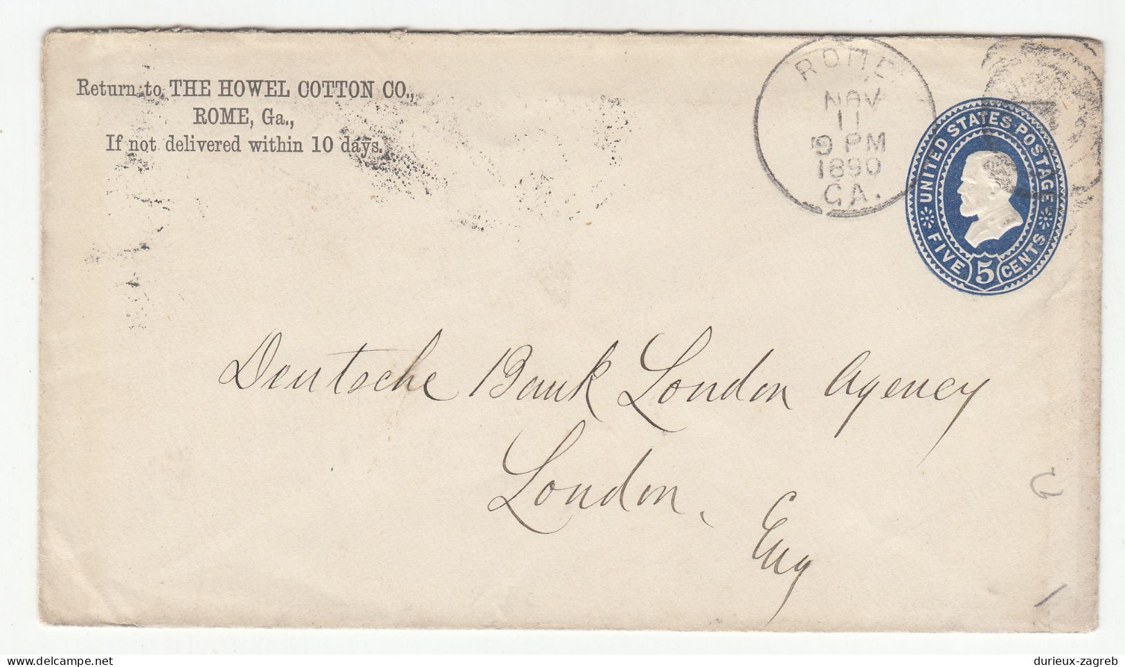The Howel Cotton Co., Rome Company Preprinted Postal Stationery Letter Cover Posted 1890 To London B220820 - ...-1900