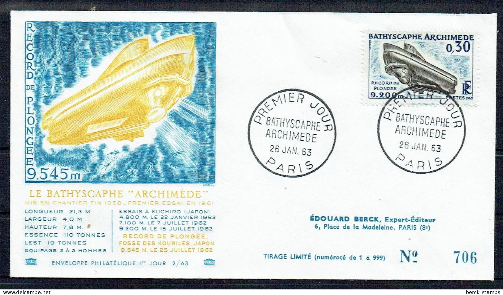 FRANCE - N°1368 - Bathyscaphe Archimède - 1963 Gravé Par DECARIS - FDC à Tirage Numéroté Et Limité - BERCK - Submarinos
