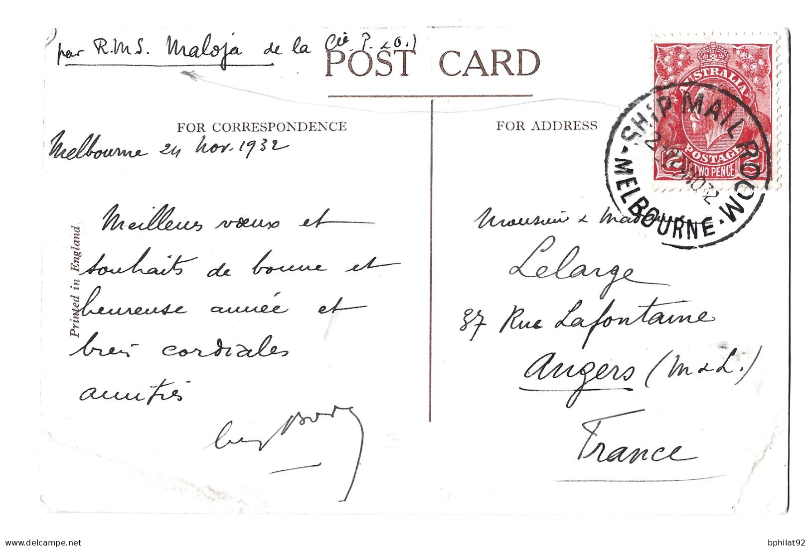 !!! AUSTRALIE, CARTE POSTALE AVEC OBLITÉRATION MARITIME, SHIP MAIL ROOM (1932) - Covers & Documents