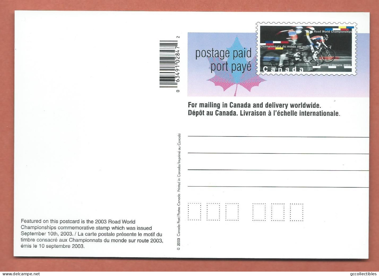 Canada #UX132 Unused Post Card - Sep. 8, 2003... Cycling - Post Office Cards
