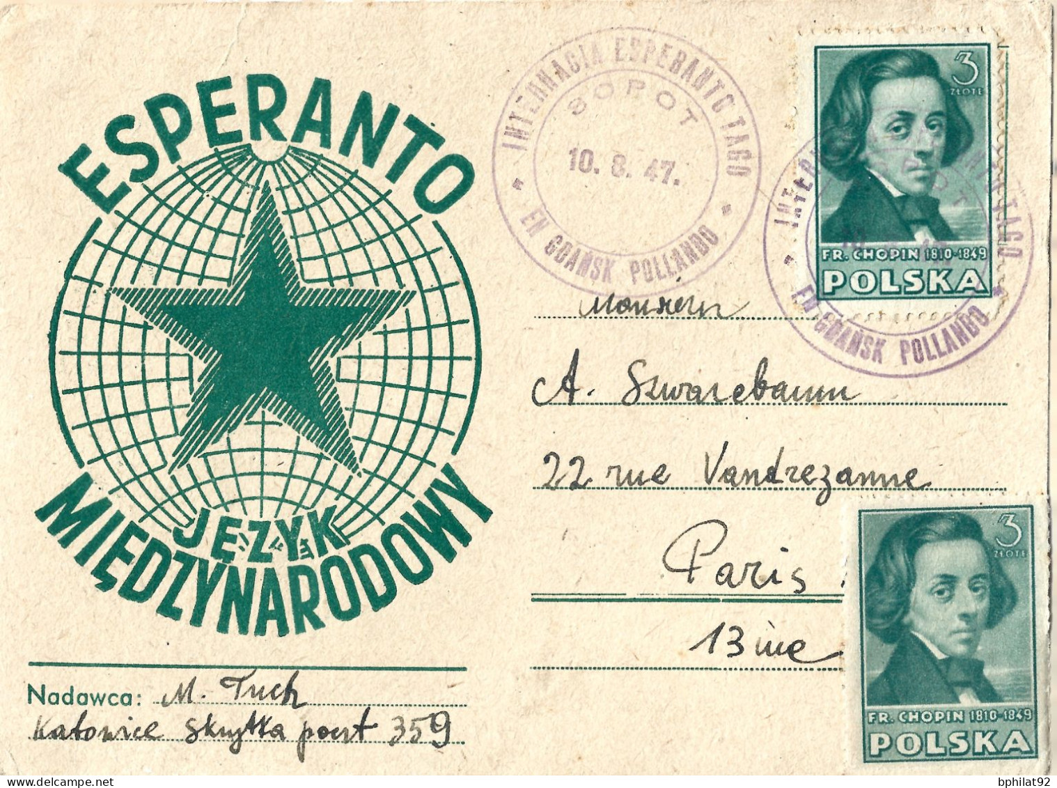 !!! POLOGNE, CARTE POSTALE ESPERANTISTE, DE 1947 - Covers & Documents