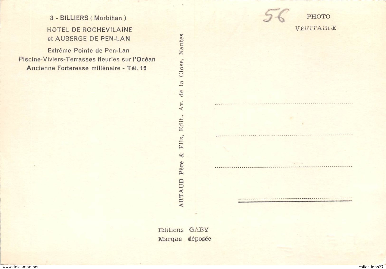 56-BILLIERS- HÔTEL DE ROCHEVILAINE ET AUBERGE DE PEN-LAN - Autres & Non Classés