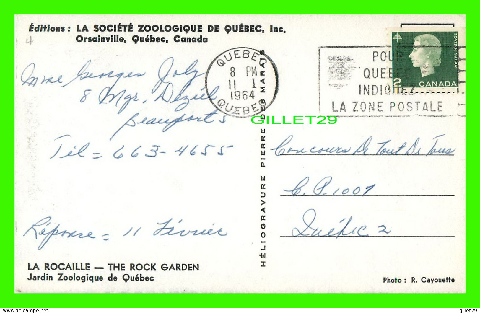 ORSAINVILLE - LA SOCIÉTÉ ZOOLOGIQUE DE QUÉBEC INC, - CHUTE ET LA ROCAILLE - CIRCULÉE 1964 - HÉLIOGRAVURE  MARAIS - Québec - La Cité