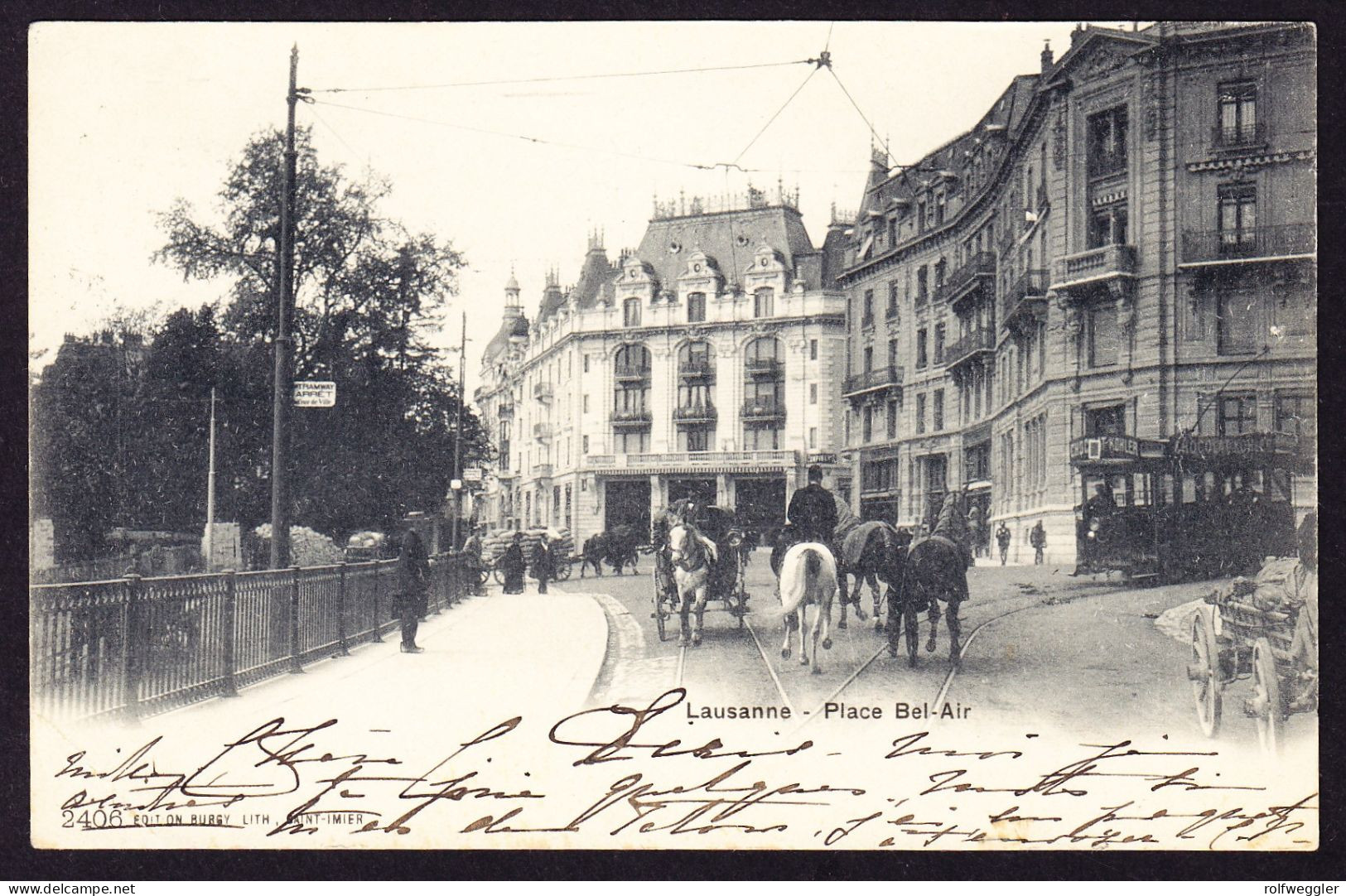 1902 Gelaufene AK: Lausanne-Place Bel-Air. Tram, Pferde-Kutsche. Nach Aubonne. Leichter Eckbug Unten Links. - Aubonne