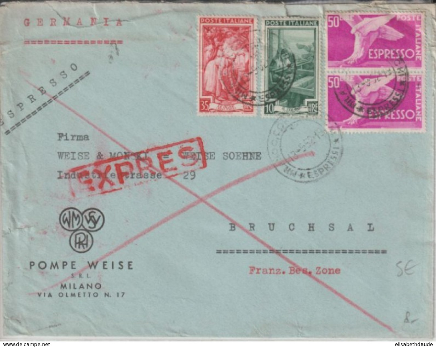 ITALIE - 1952 - ENVELOPPE EXPRES ! De MILANO  => BRUCHSAL (GERMANY) - Posta Espressa/pneumatica