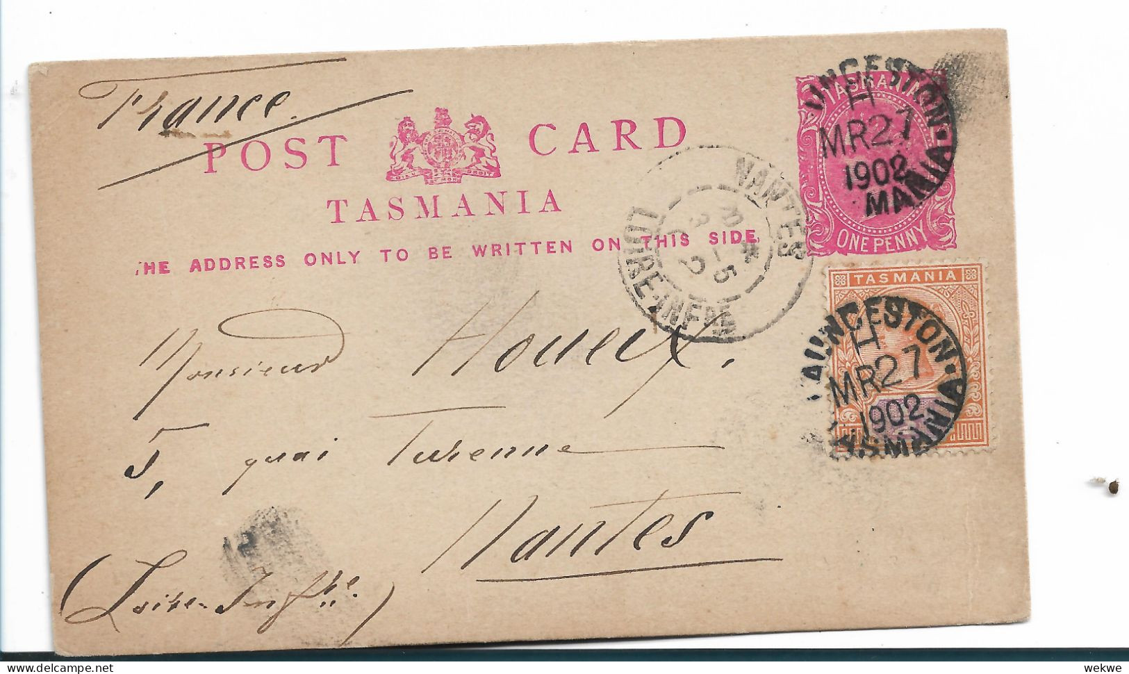 TAS032 / AUSTRALIEN - TASMANIEN - Ganzsache Aufgewertet Zum Versand Nach Frankreich Ex Laucheston 1902 - Lettres & Documents