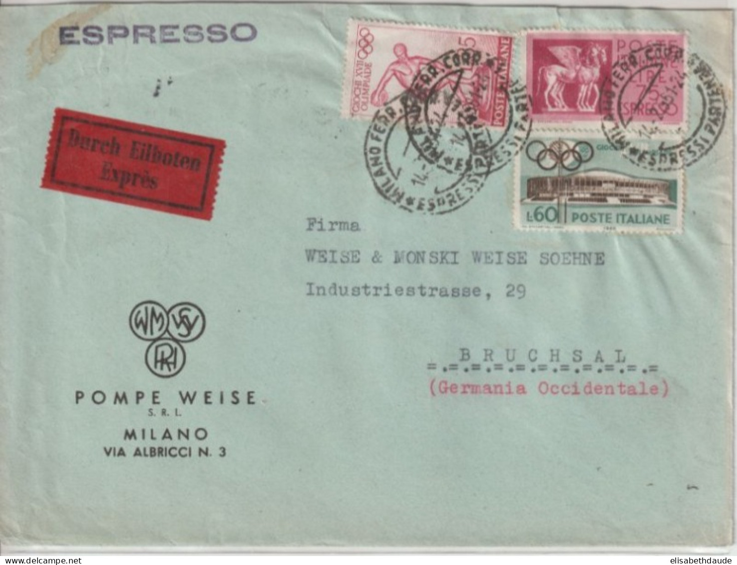ITALIE - 1961 - ENVELOPPE EXPRES ! De MILANO  => BRUCHSAL (GERMANY) - Poste Exprèsse/pneumatique